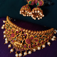 N0346_Gorgeous Temple jewelry style matte polish choker Necklace with delicate embossed lakshmi design studded with a touch of semi Precious ruby stones embellished with pearl drops.