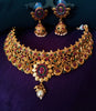 N0348_Classic style matte polish choker Necklace with delicate floral designs studded with a touch of semi Precious ruby stones embellished with pearl drops.