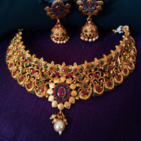 N0348_Classic style matte polish choker Necklace with delicate floral designs studded with a touch of semi Precious ruby stones embellished with pearl drops.
