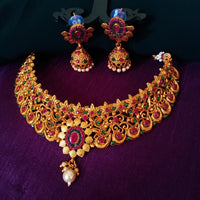 N0348_Classic style matte polish choker Necklace with delicate floral designs studded with a touch of semi Precious ruby stones embellished with pearl drops.