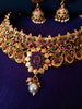 N0348_Classic style matte polish choker Necklace with delicate floral designs studded with a touch of semi Precious ruby stones embellished with pearl drops.