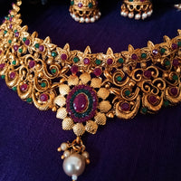 N0348_Classic style matte polish choker Necklace with delicate floral designs studded with a touch of semi Precious ruby stones embellished with pearl drops.
