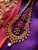 N0349_Elegant Temple jewelry style matte gold polish necklace set studded with American Diamond  stones with a touch of pink ruby stones.