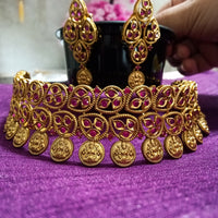 N0355_Classic style matte polish choker Necklace with delicate designs & patterns studded with a touch of semi Precious pink ruby stones.
