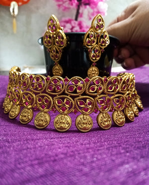 N0355_Classic style matte polish choker Necklace with delicate designs & patterns studded with a touch of semi Precious pink ruby stones.