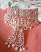 N0358_Ravishing broad rose gold American Diamond engraved choker necklace with delicate craft work with a touch of pearl drops.