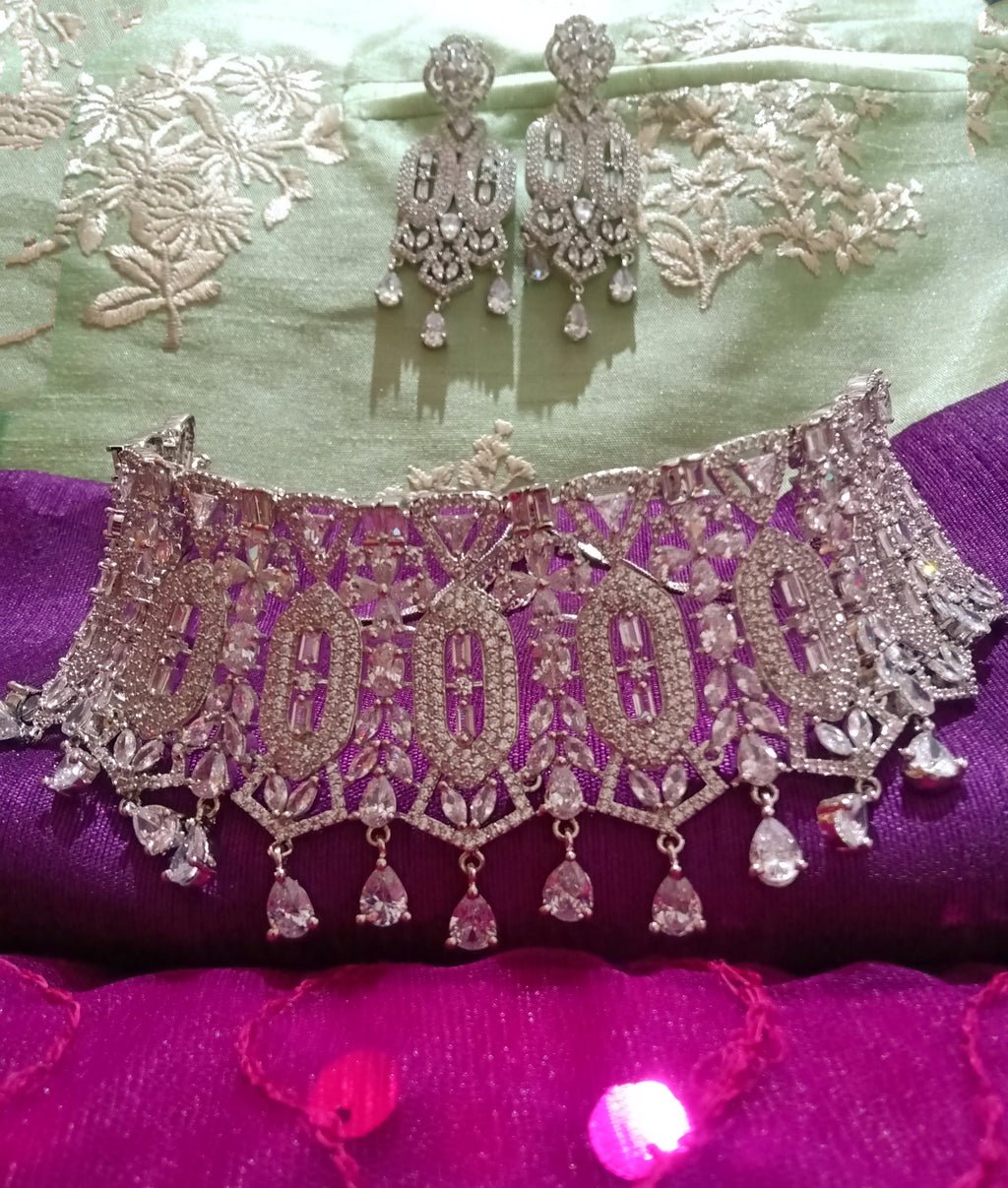 N0362_Gorgeous dazzling choker necklace with delicate craft work embellished with American Diamond stones