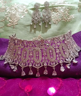 N0362_Gorgeous dazzling choker necklace with delicate craft work embellished with American Diamond stones