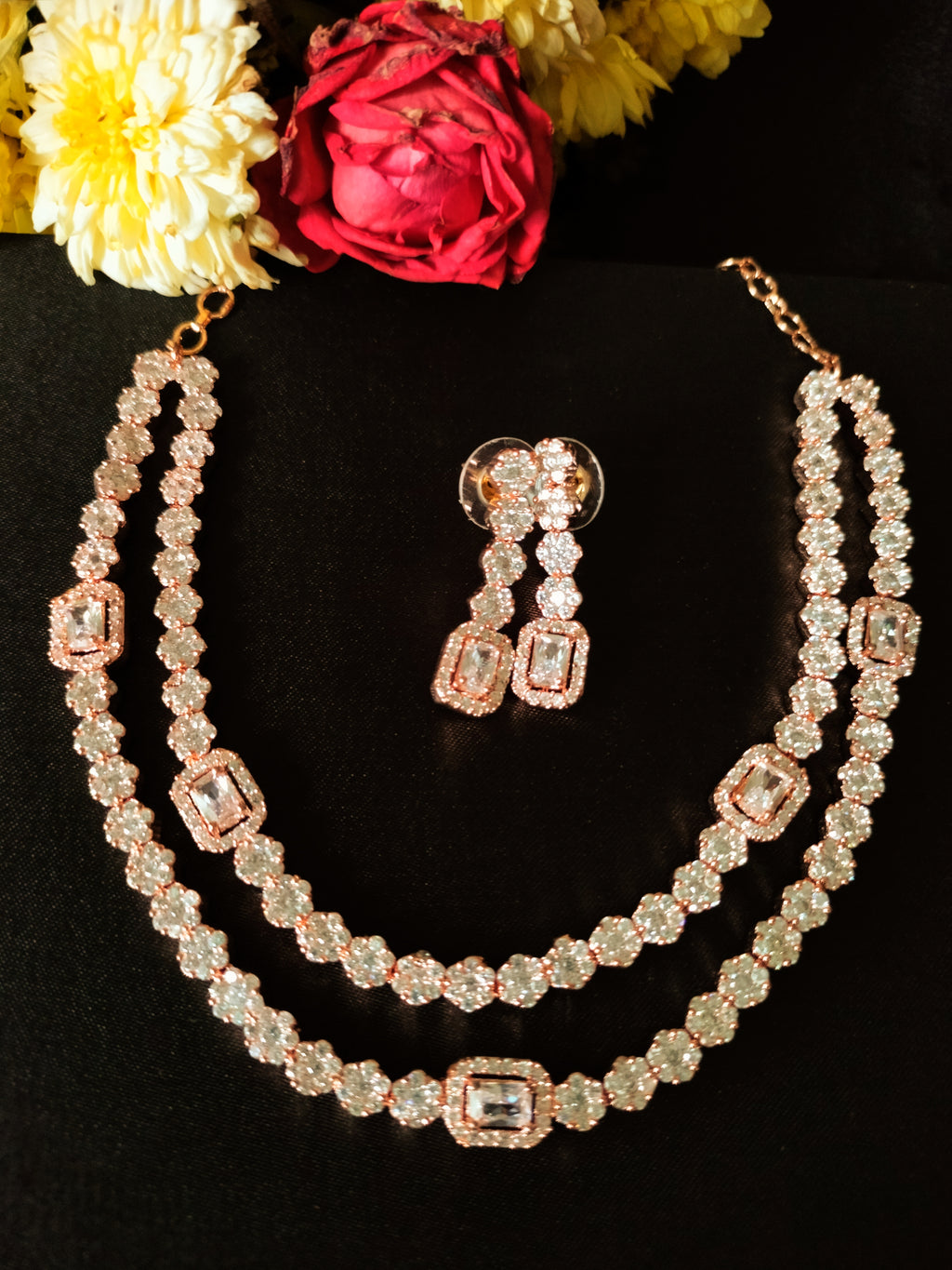 N0367_Classy layered American Diamond stones embellished floral necklace set with delicate craft work.