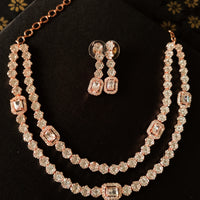 N0367_Classy layered American Diamond stones embellished floral necklace set with delicate craft work.