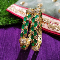 B0176_Gorgeous golden bangles embellished with American Diamond stones with a touch of green stones.