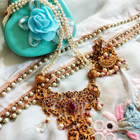 N0151_Elegant Matte Gold polish Temple jewelry style  Necklace set studded with pink ruby stones.