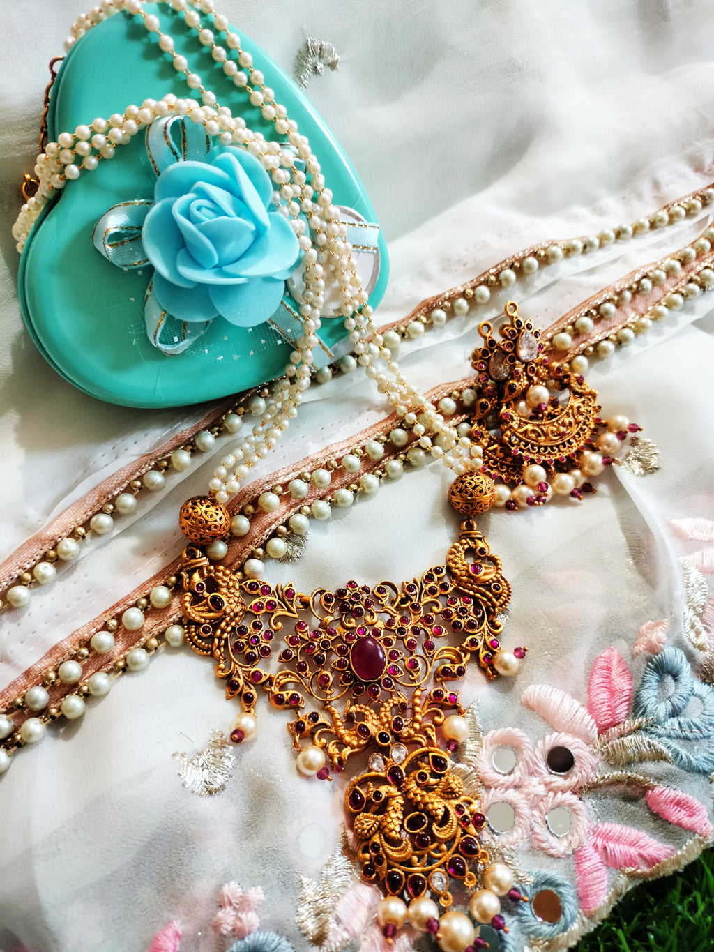 N0151_Elegant Matte Gold polish Temple jewelry style  Necklace set studded with pink ruby stones.