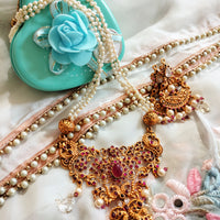 N0151_Elegant Matte Gold polish Temple jewelry style  Necklace set studded with pink ruby stones.