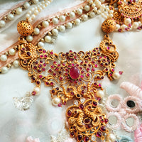 N0151_Elegant Matte Gold polish Temple jewelry style  Necklace set studded with pink ruby stones.