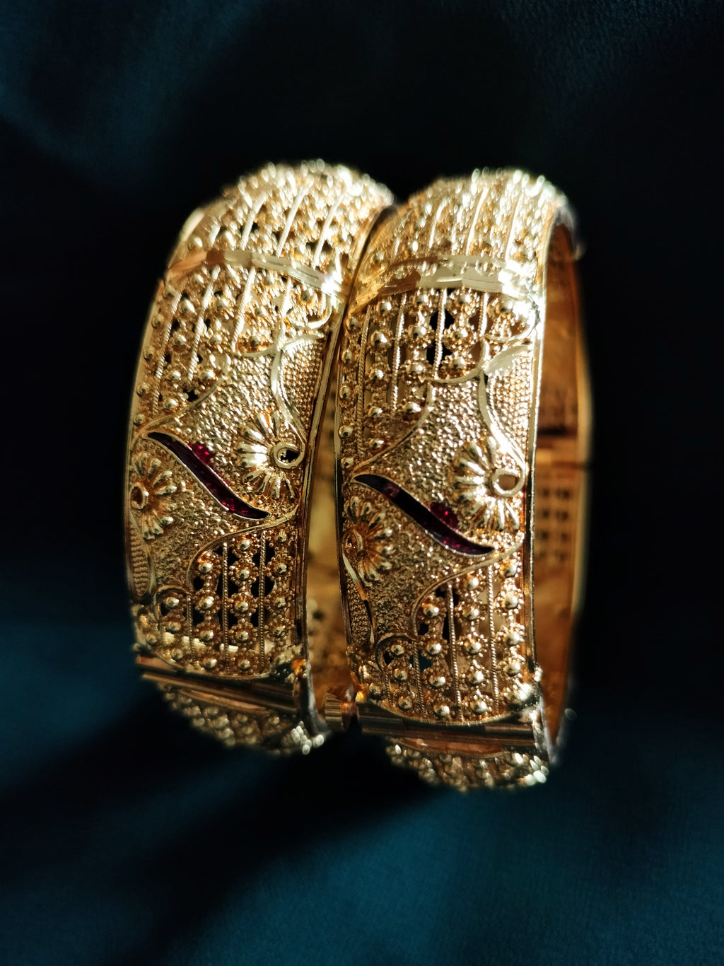 B0249_Gorgeous broad Traditional style Gold plated bangles with delicate craft work.