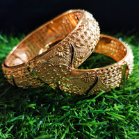B0249_Gorgeous broad Traditional style Gold plated bangles with delicate craft work.
