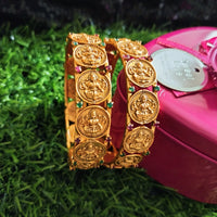 B0252_Lovely Ethnic style lakshmi design bangles with delicate work with a touch of green & pink ruby stones.