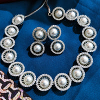 N0377_Classic Pearl embellished designer American Diamond necklace set.