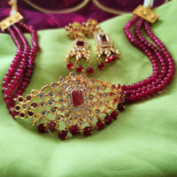 N0389_Elegant designer maroon crystal choker necklace set with a delicate design pendant studded  with  American diamond stones & ruby stones.