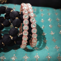 B0262_Lovely Rose Gold bangles embellished with American Diamond stones with a touch of dazzling ocean green stones.