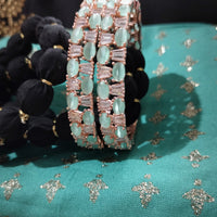 B0263_Lovely Rose Gold bangles embellished with American Diamond stones with a touch of dazzling ocean green stones.