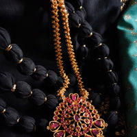 N0187_Elegant Micro Gold plated Necklace with delicate work studded with Precious pink ruby stones with a touch of golden beads.