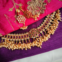 N0401_Classic traditional style flower design Gold plated choker necklace with delicate Pink & green ruby stone work with a touch of pearls.