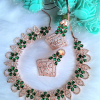 N0419_Elegant design american diamond embellished necklace with a touch of green  stones.
