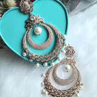 E0856_Classy designer Chandhbali style American Diamond studded danglers with beautiful art work with a touch of pearl drop.
