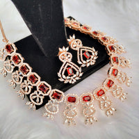 N0429_Elegant designer american diamond embellished necklace with a touch of red stone work.
