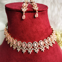 N0428_Elegant designer american diamond embellished necklace with a touch of pink stone work.