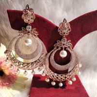 E0856_Classy designer Chandhbali style American Diamond studded danglers with beautiful art work with a touch of pearl drop.