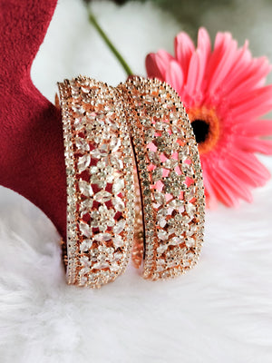 B0239_S_Ravishing Broad Rose gold bangle with delicate flower design embellished with American Diamond stones.