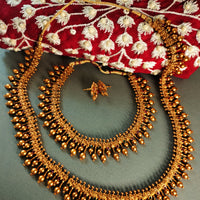 N0430_Elegant Temple jewelry style Gold polish necklace set with beautiful craft work with a touch of pink stones and green stones.