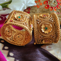 B0280_Lovely broad style Ethnic screw design bangles with delicate work of flower design  with a touch of ruby and american diamond stones.