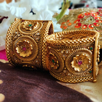 B0280_Lovely broad style Ethnic screw design bangles with delicate work of flower design  with a touch of ruby and american diamond stones.