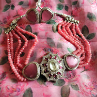 N0117_Classy  pink crystal choker necklace set with a over sized dazzling pendant studded  with  American diamond stones.