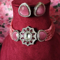 N0117_Classy  pink crystal choker necklace set with a over sized dazzling pendant studded  with  American diamond stones.