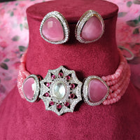 N0117_Classy  pink crystal choker necklace set with a over sized dazzling pendant studded  with  American diamond stones.