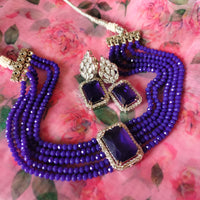 N0283_Royal blue crystal choker necklace set studded with dazzling American diamond stones.