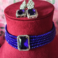 N0283_Royal blue crystal choker necklace set studded with dazzling American diamond stones.