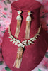 N0455_Designer American Diamond necklace set with delicate stone work of leafy designs with a touch of tassels.