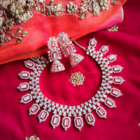 N0459_Lovely Rose gold designer American Diamond necklace set with delicate stone work with a touch of pink stone.