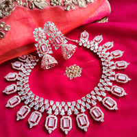 N0459_Lovely Rose gold designer American Diamond necklace set with delicate stone work with a touch of pink stone.