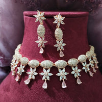 N0474_Classy American Diamond stones embellished necklace set with delicate floral design.