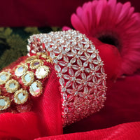 B0295_Ravishing Broad floral design rose gold  single Bangle studded with American Diamond stones with delicate stone work.