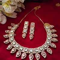 N0478_Classic square design American Diamond stones embellished necklace set with delicate stone work with a touch of pink stones.