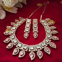 N0478_Classic square design American Diamond stones embellished necklace set with delicate stone work with a touch of pink stones.