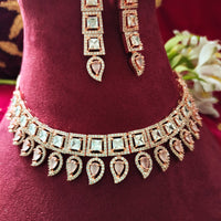 N0478_Classic square design American Diamond stones embellished necklace set with delicate stone work with a touch of pink stones.